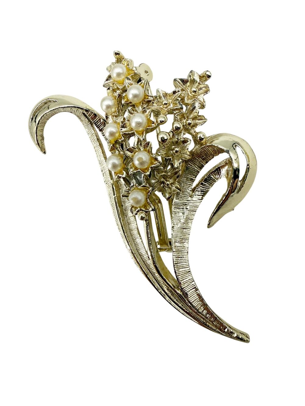 vintage silver & faux pearls Floral Bouquet BROOCH jewelry pin tiny flowers leaf